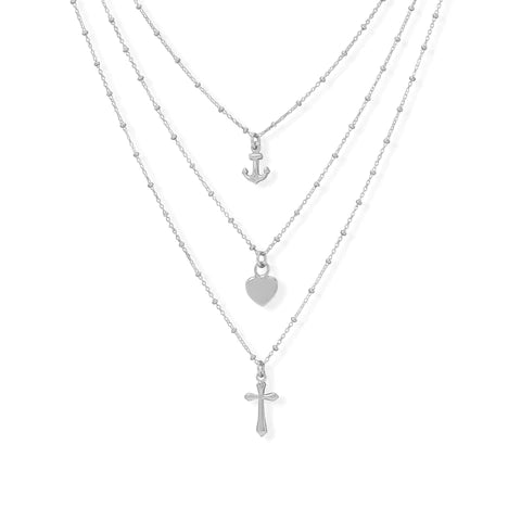 16"+2" Rhodium Plated Three Strand Charm Necklace