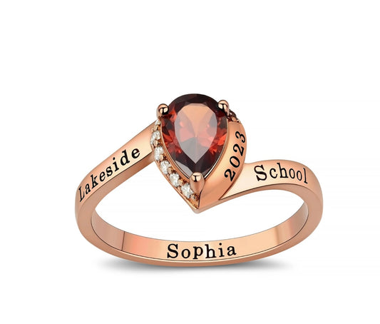 Rose Gold over Sterling Crystal Tear Drop Class Ring