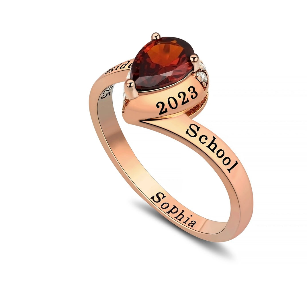 Rose Gold over Sterling Crystal Tear Drop Class Ring