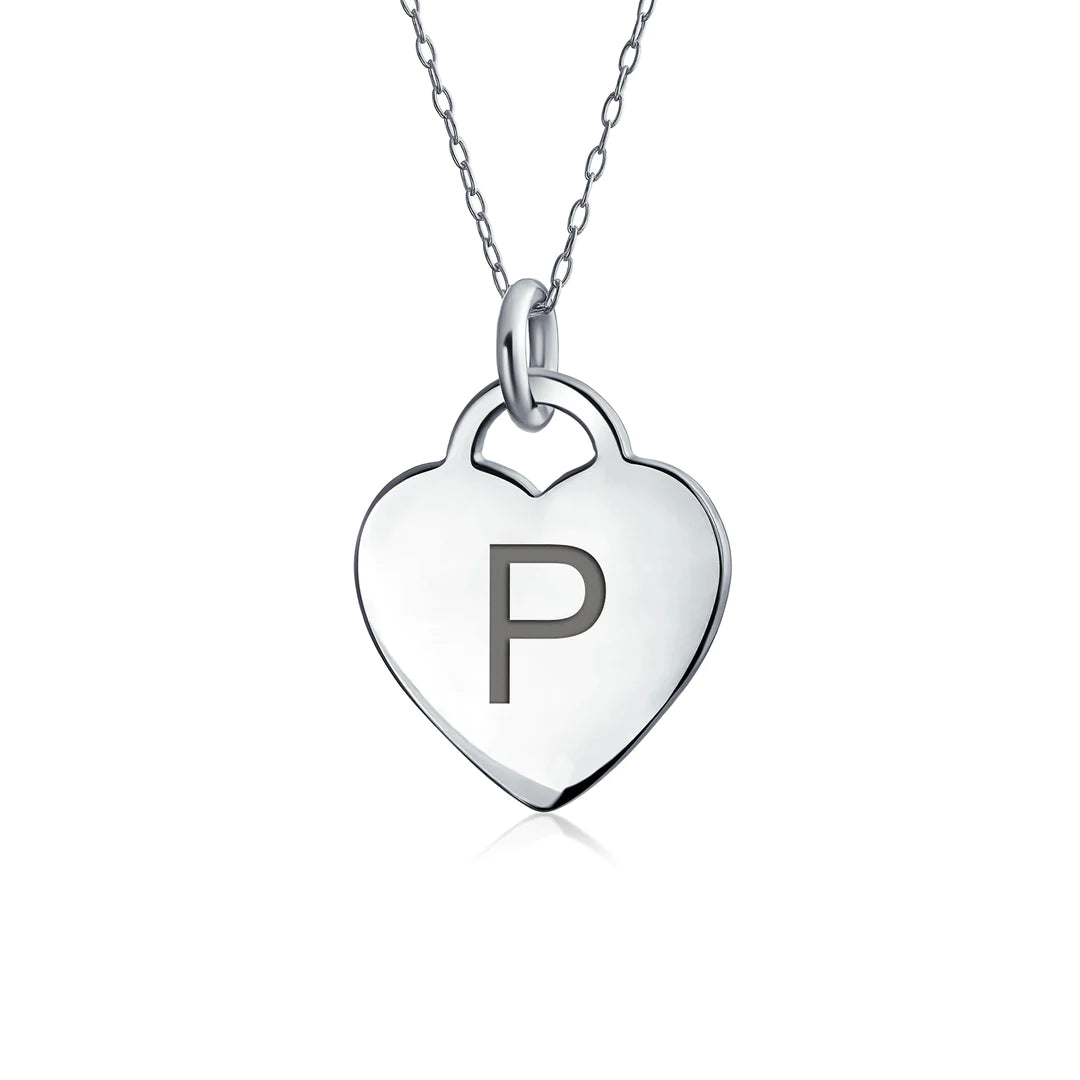 Sterling Silver Block Alphabet Heart Necklace