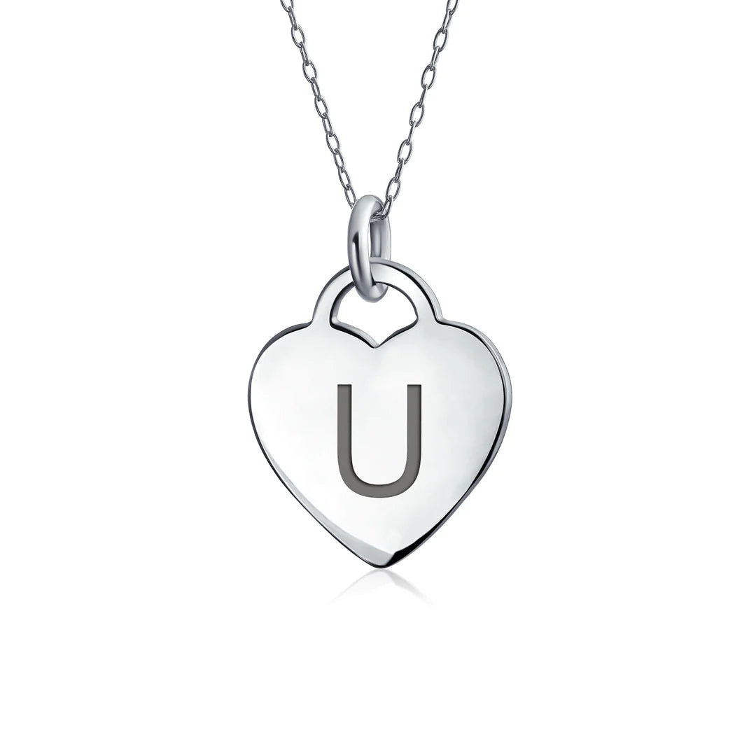 Sterling Silver Block Alphabet Heart Necklace