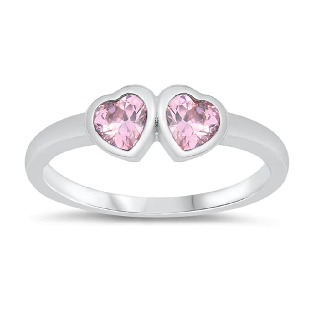 Pink Double Heart Birthstone Ring