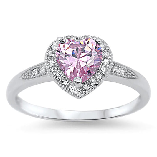 Sterling Silver Heart Halo Pink CZ Ring