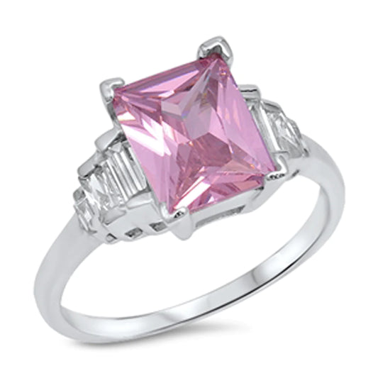 Sterling Silver Rectangle Pink CZ Ring