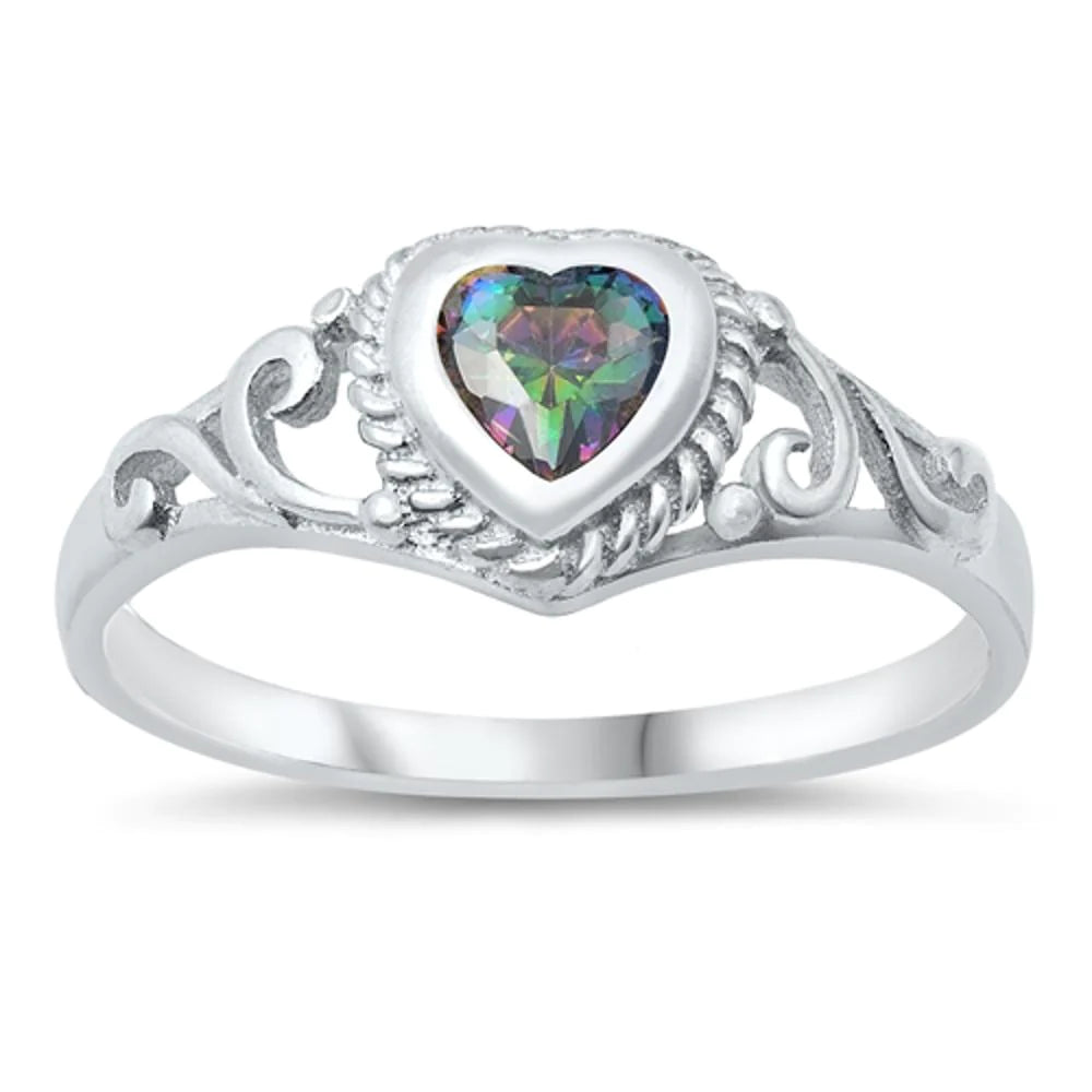 Rainbow Topaz Filigree Swirl Heart Ring