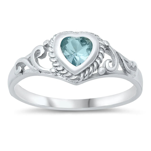 Aquamarine Filigree Swirl Heart Ring