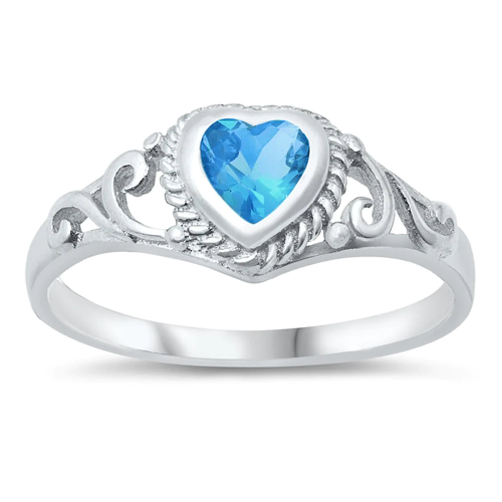 Blue Topaz Filigree Swirl Heart Ring