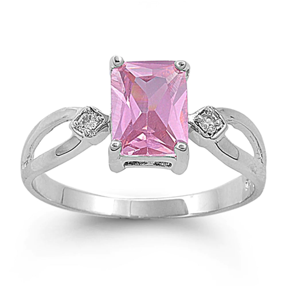 Sterling Silver Emerald Cut Pink CZ Ring