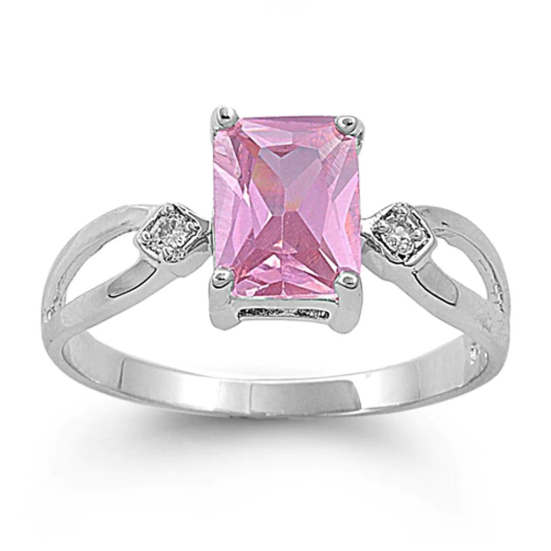 Sterling Silver Emerald Cut Pink CZ Ring