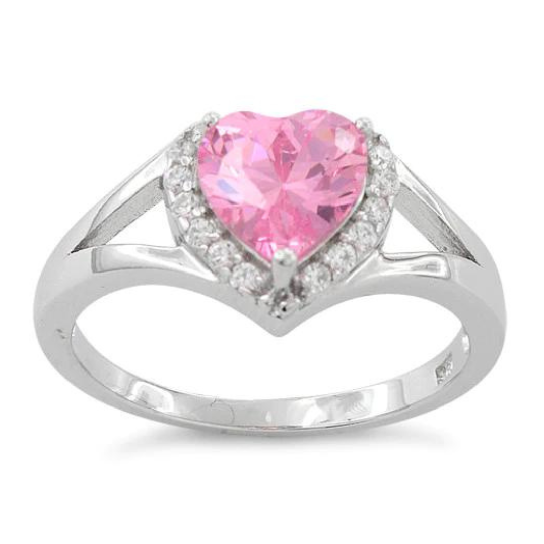 Sterling Silver Heart Shape Pink CZ Ring