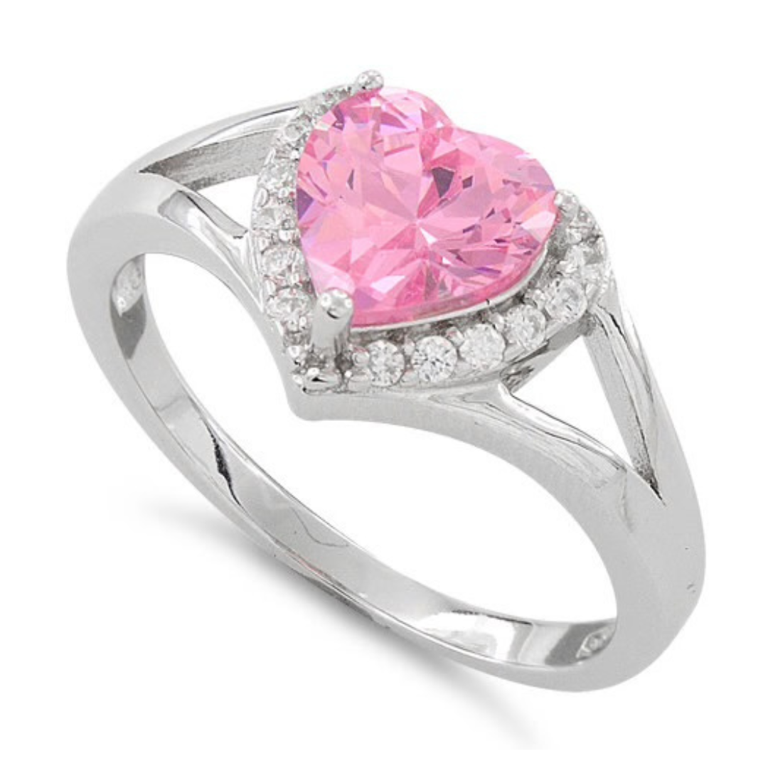 Sterling Silver Heart Shape Pink CZ Ring