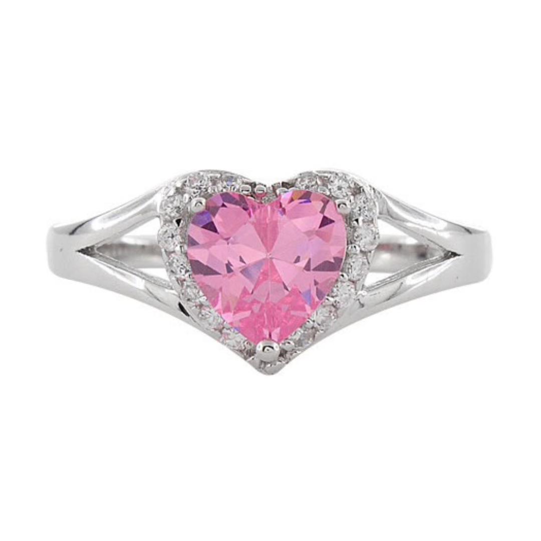 Sterling Silver Heart Shape Pink CZ Ring