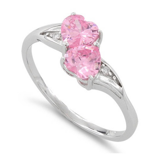 Sterling Silver Double Heart Pink CZ Ring