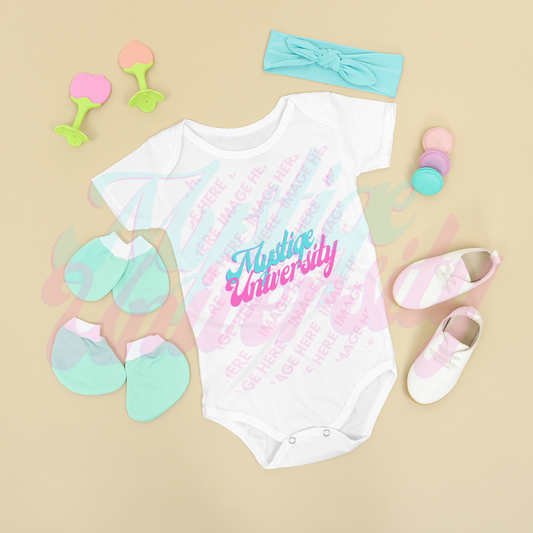 Custom Baby Bodysuit Mockup Flat Laid on the Brown Background