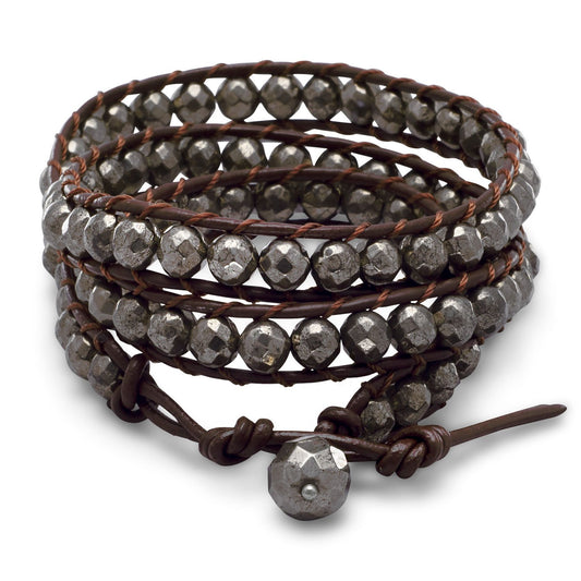 21" + 1" Leather and Pyrite Wrap Fashion Bracelet