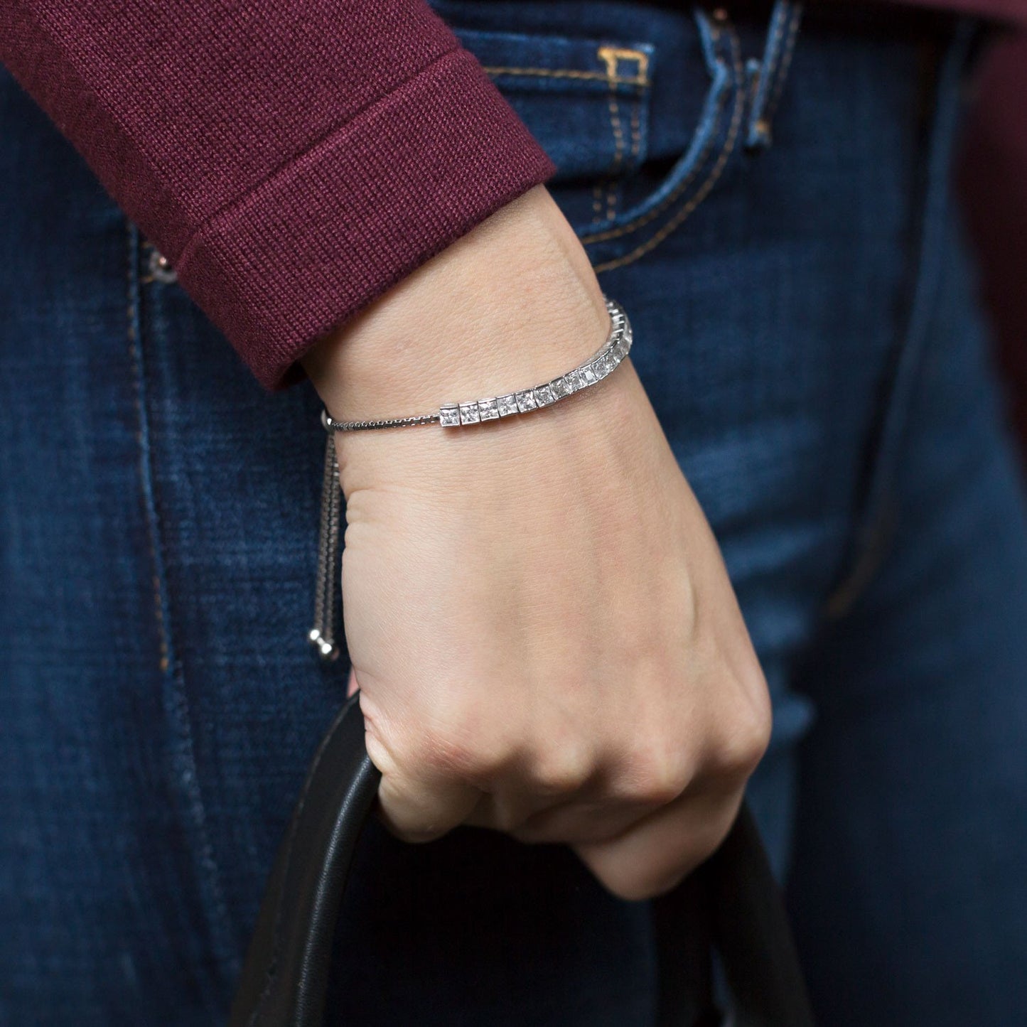 Rhodium Plated Square CZ Friendship Bolo Bracelet