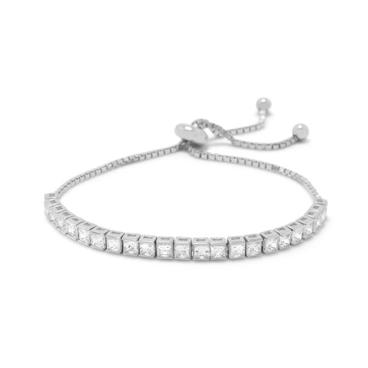 Rhodium Plated Square CZ Friendship Bolo Bracelet