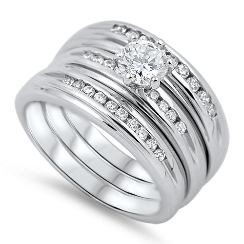 Sterling Silver Solitaire Triple Wedding Band Set