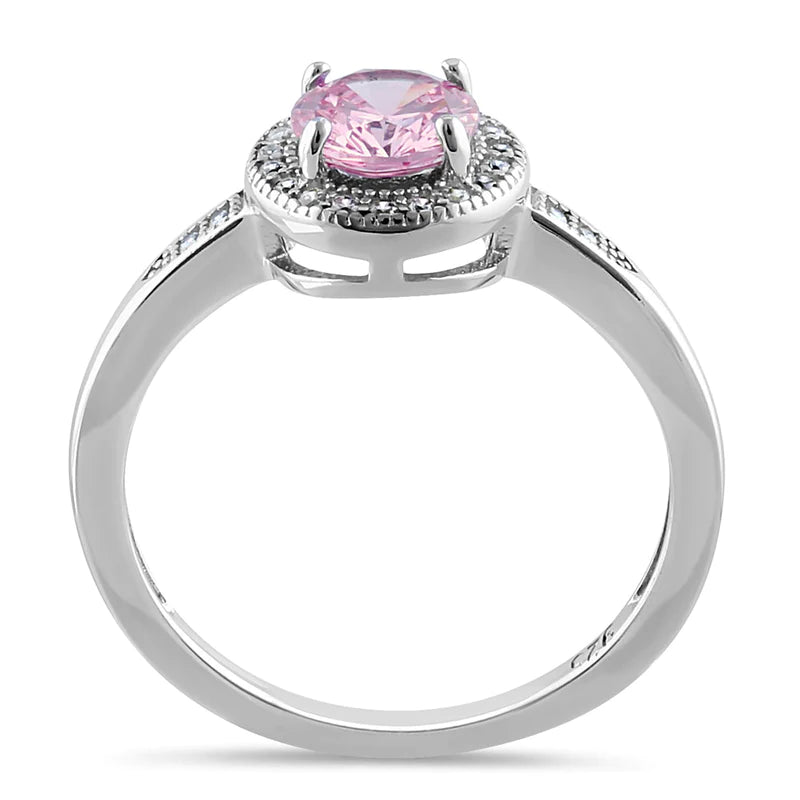 Anillo elegante de plata de ley con halo redondo y circonita rosa 