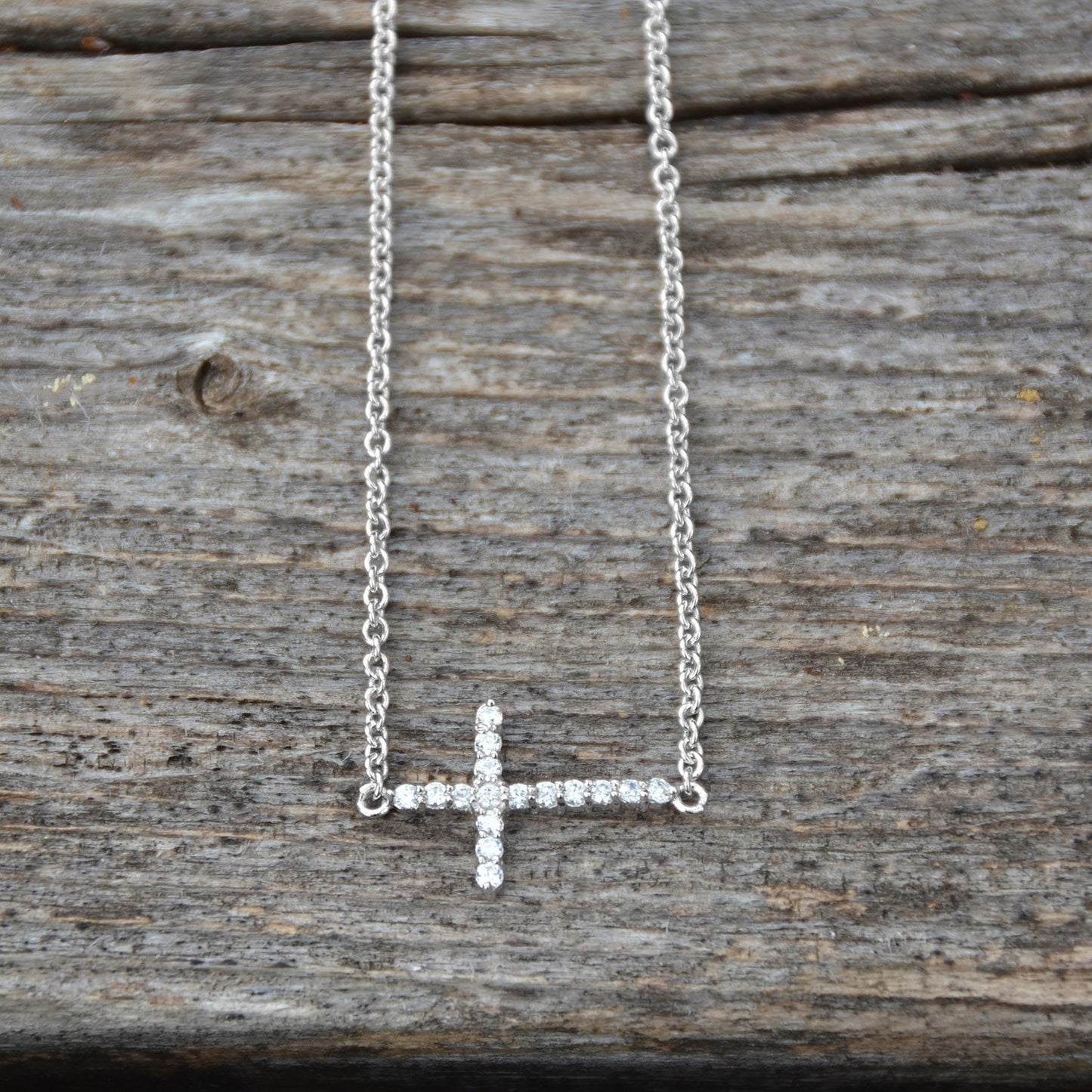 16" + 2" Rhodium Plated CZ Sideways Cross Necklace