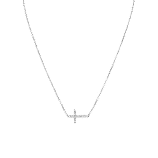 16" + 2" Rhodium Plated CZ Sideways Cross Necklace