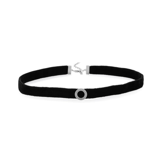 Rhodium Plated CZ Circle Black Velvet Choker Necklace