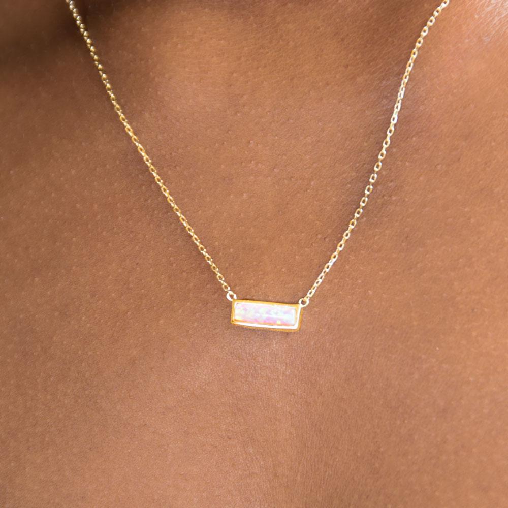 14 Karat Gold Plated Mini Synthetic Pink Opal Bar Necklace