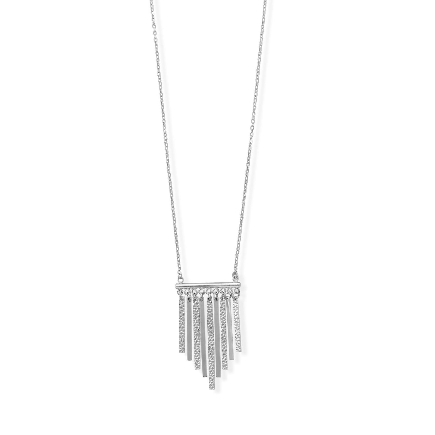 A Daring Drop! 16"+2 Rhodium Plated Polished and Textured Bar Necklace