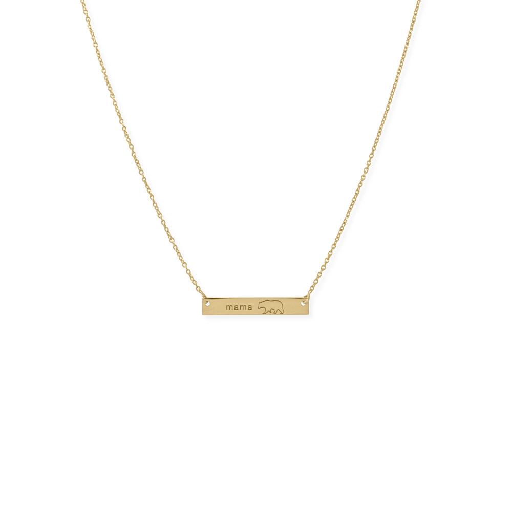 16"+2” 14K Gold Plated Sterling Silver "Mama Bear" Bar Necklace