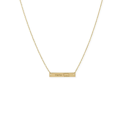 16"+2” 14K Gold Plated Sterling Silver "Mama Bear" Bar Necklace