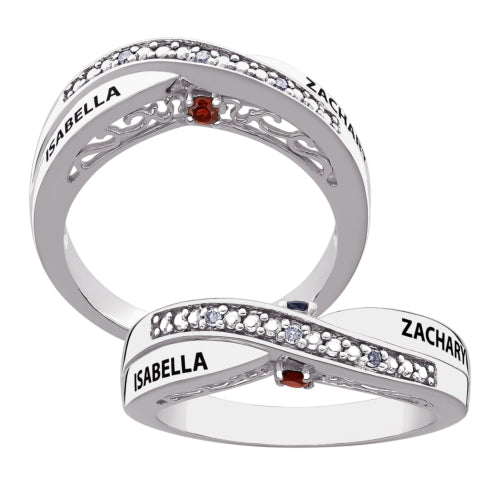 Sterling Silver Couple's Genuine Birthstone & Name Diamond Promise Ring