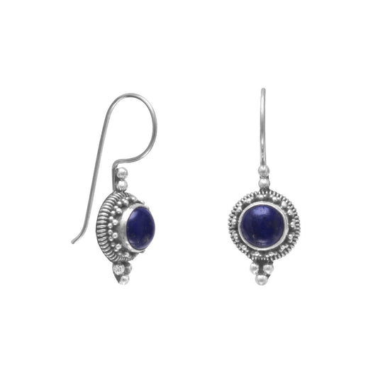 Round Lapis Bead/Rope Edge Earrings on French Wire