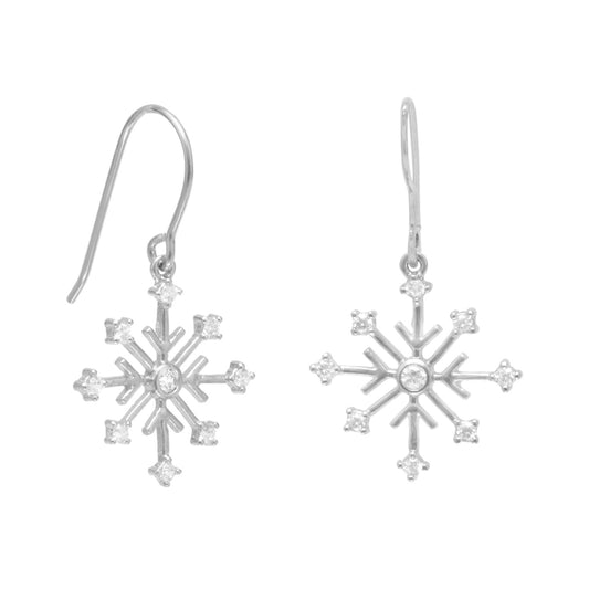 Rhodium Plated 8 Point Snowflake Earrings with 9 CZs on French Wire