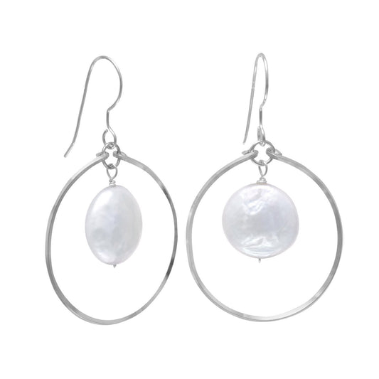 Open Circle French Wire Earrings with Coin Pearl Drop