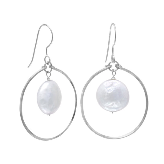 Open Circle French Wire Earrings with Coin Pearl Drop