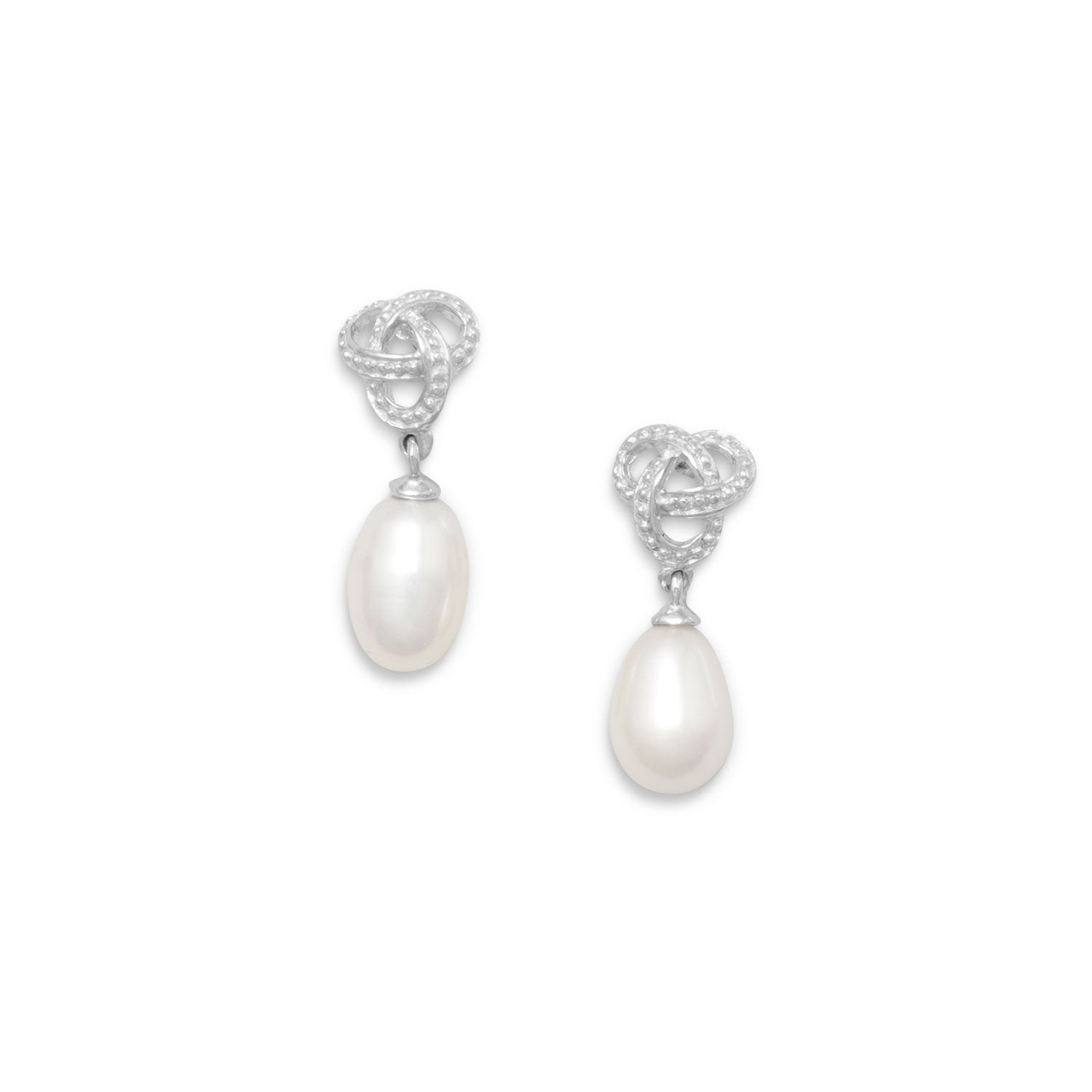 Rhodium Plated Love Knot Earrings with Cultured Freshwater Pearl Drop