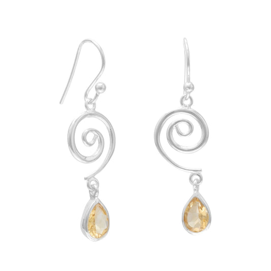 Swirl Design and Citrine Drop French Wire Earrrings