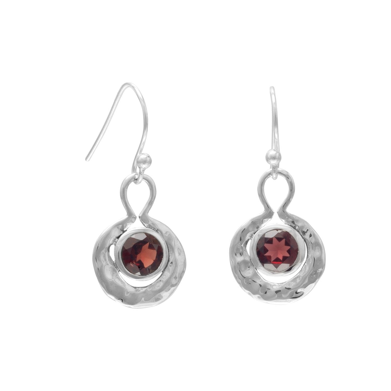 Oxidized Round Hammered Earrings With Garnet