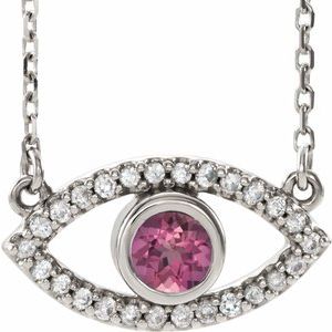 Sterling Silver Pink Tourmaline & White Sapphire Evil Eye 16" Necklace