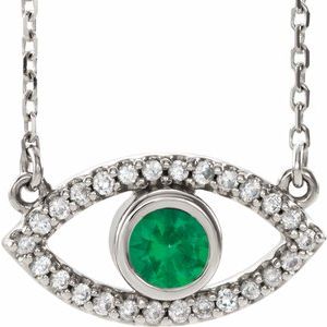 Sterling Silver Chatham® Created Emerald & White Sapphire Evil Eye 18" Necklace