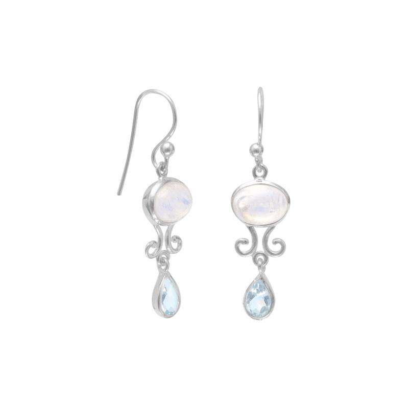 Rainbow Moonstone and Blue Topaz Drop Earrings