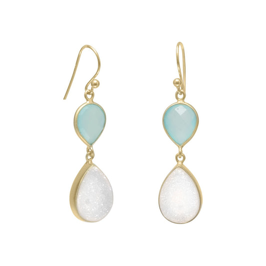 14K Gold Plated Earrings with Green Chalcedony and Druzy