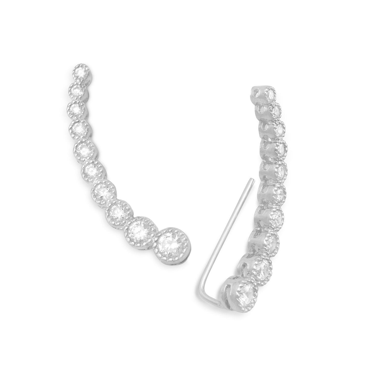 Textured Rhodium Plated Bezel CZ Ear Climbers