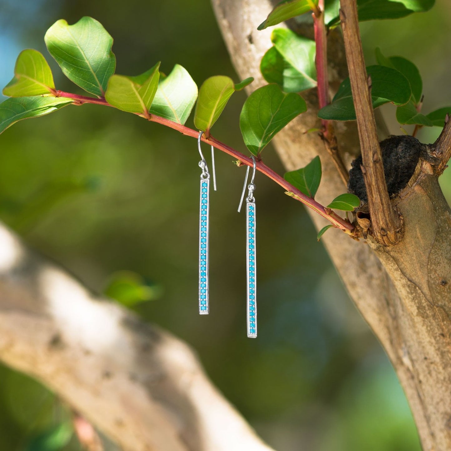 Rhodium Plated Nano Turquoise Bar Earrings