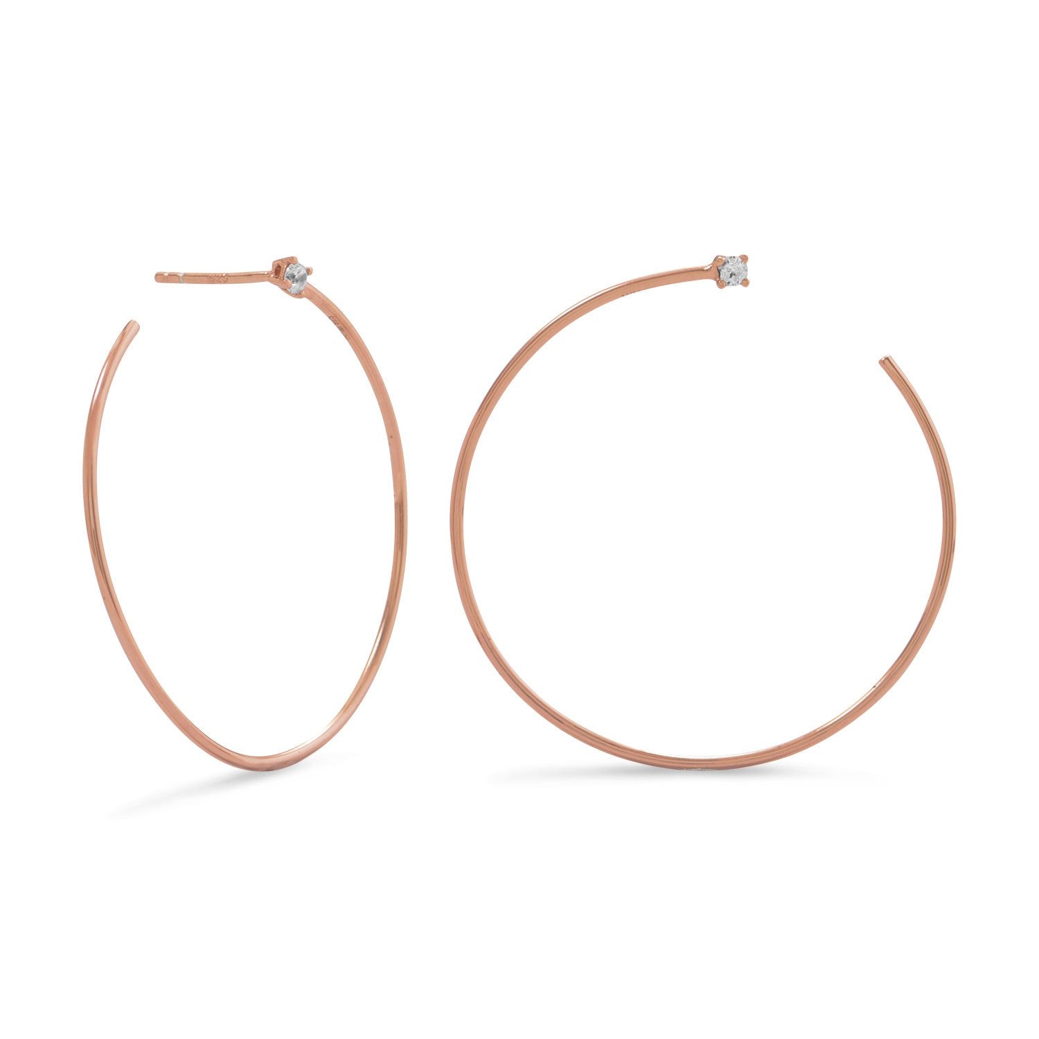 14 Karat Rose Gold Plated Lateral 3/4 Hoops with Single CZ