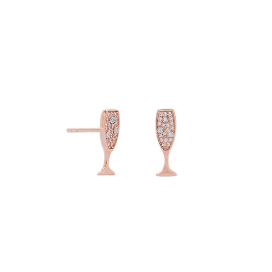 14 Karat Rose Gold Plated CZ Champagne Glass Stud Earrings