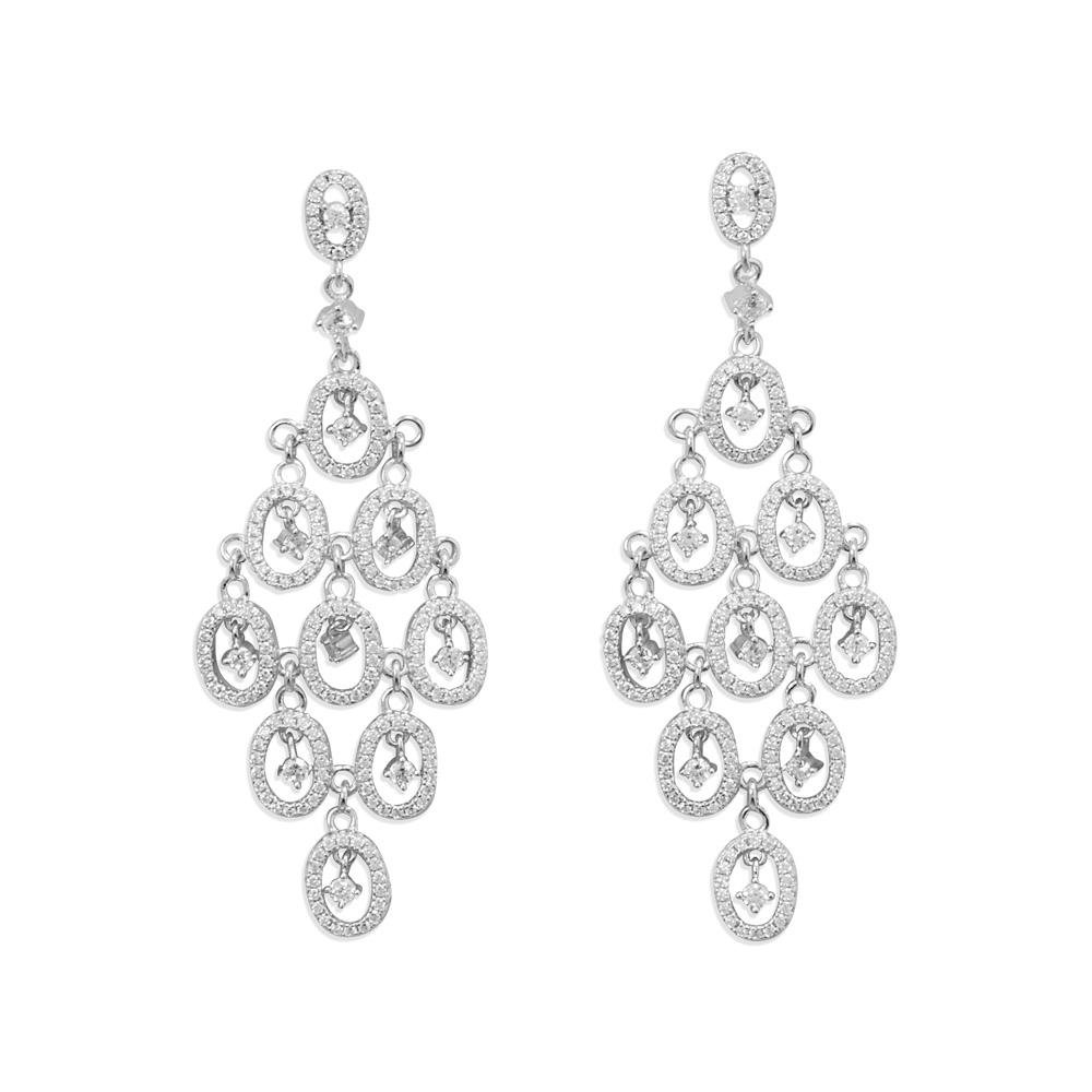 Rhodium Plated CZ Oval Chandelier Earrings