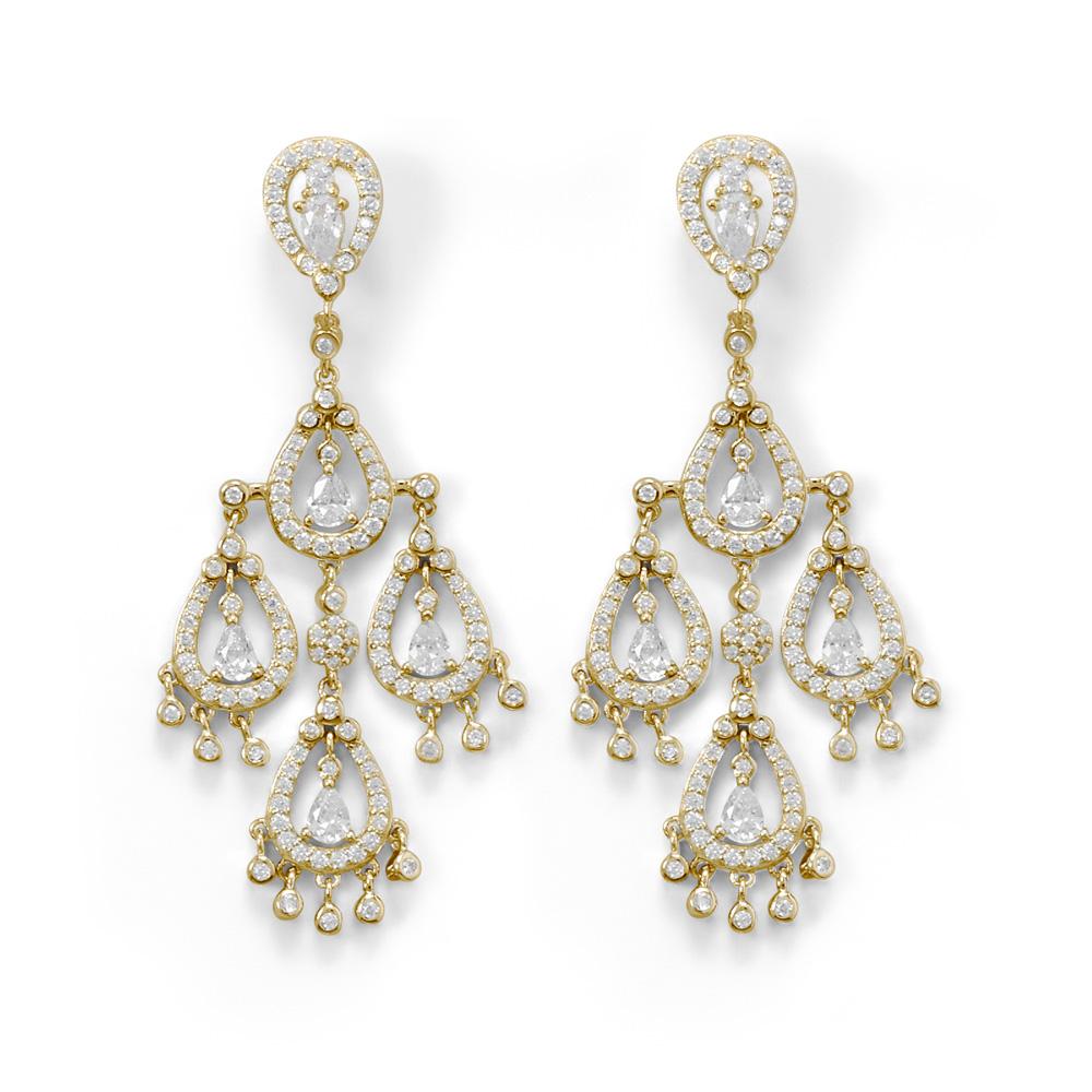 14 Karat Gold Plated CZ Pear Chandelier Earrings