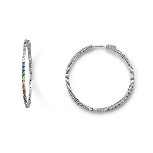 Rhodium Plated Multi Color CZ 40mm Click Hoop Earrings