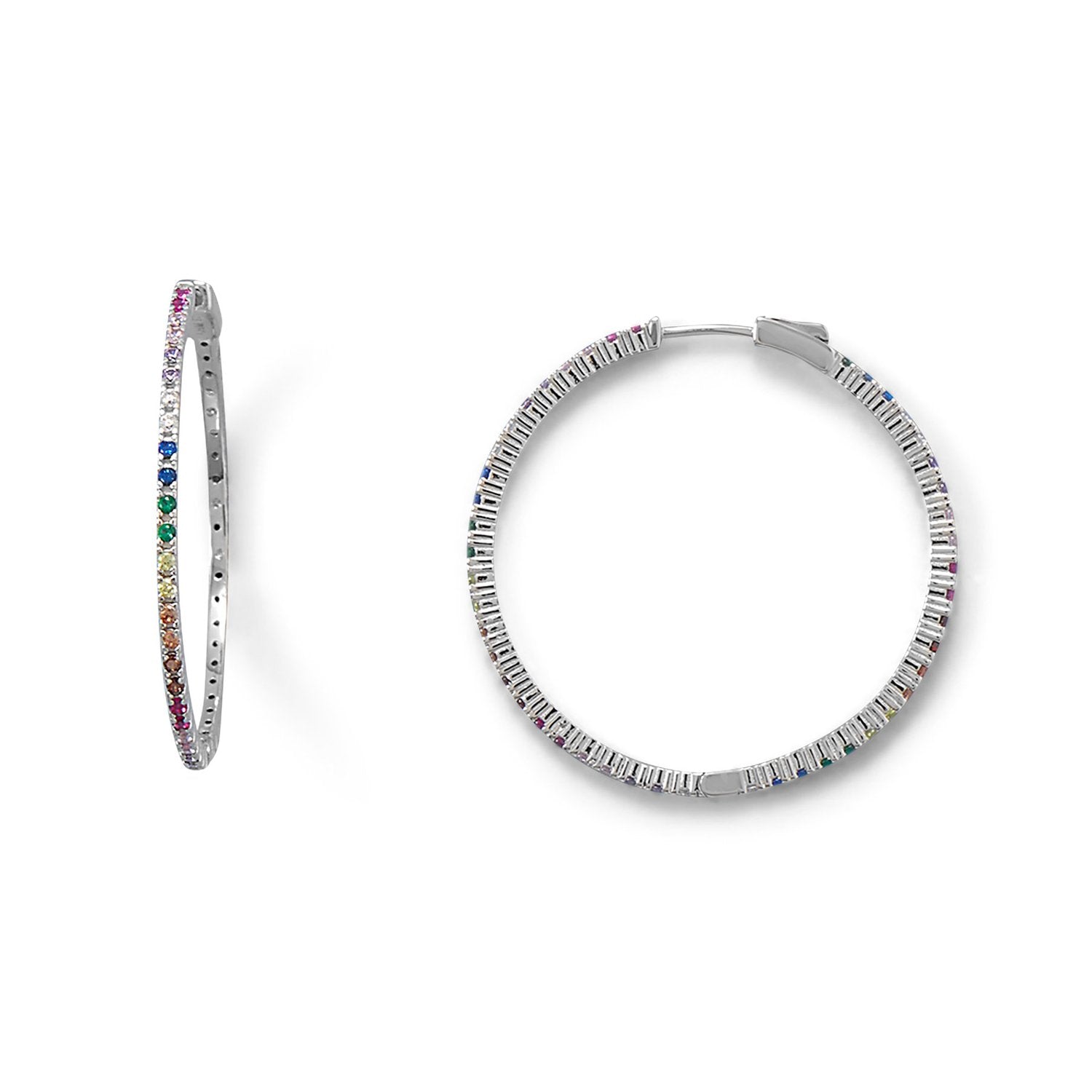 Rhodium Plated Multi Color CZ 40mm Click Hoop Earrings